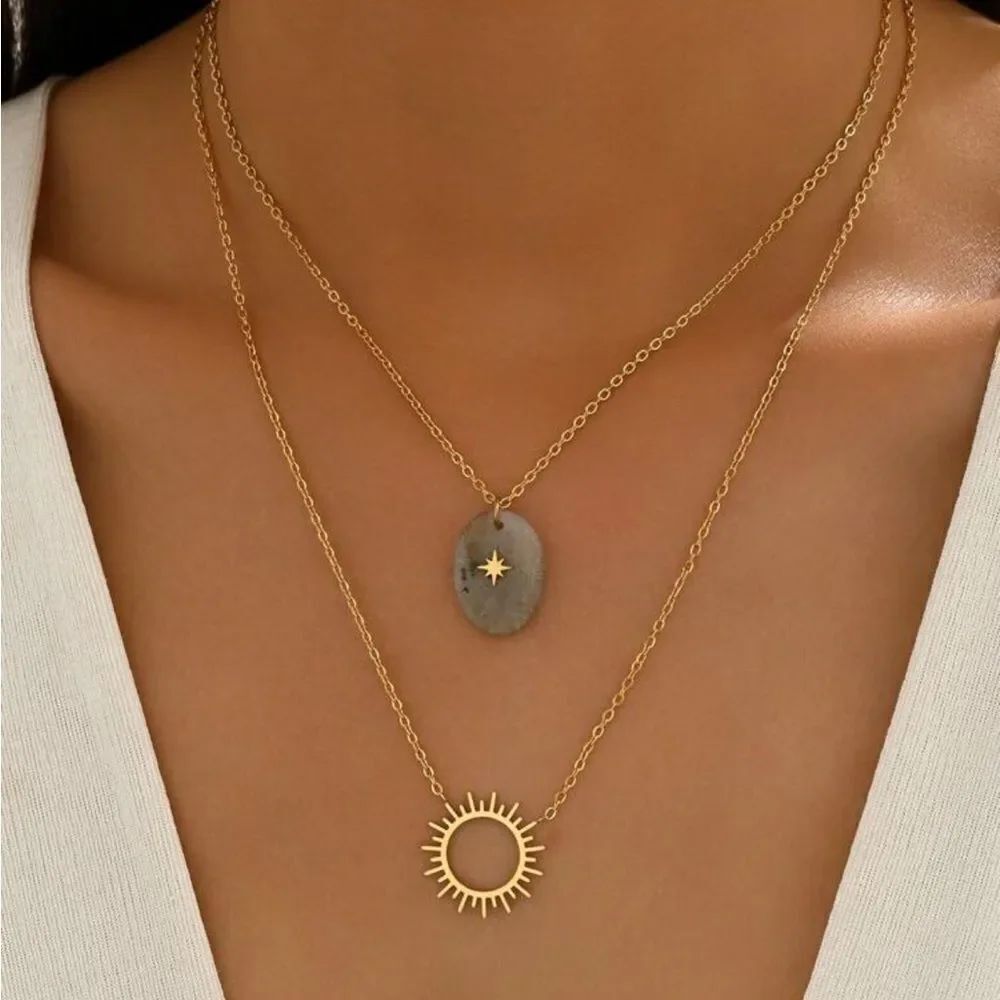 Layered Necklace with Sun and Star A1173